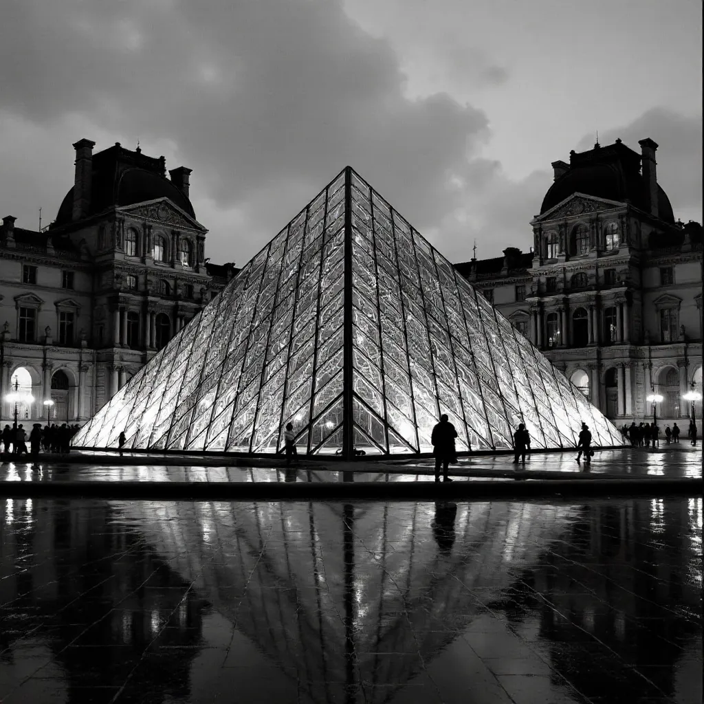 Monochrome Louvre Pyramid in Paris Courtyard