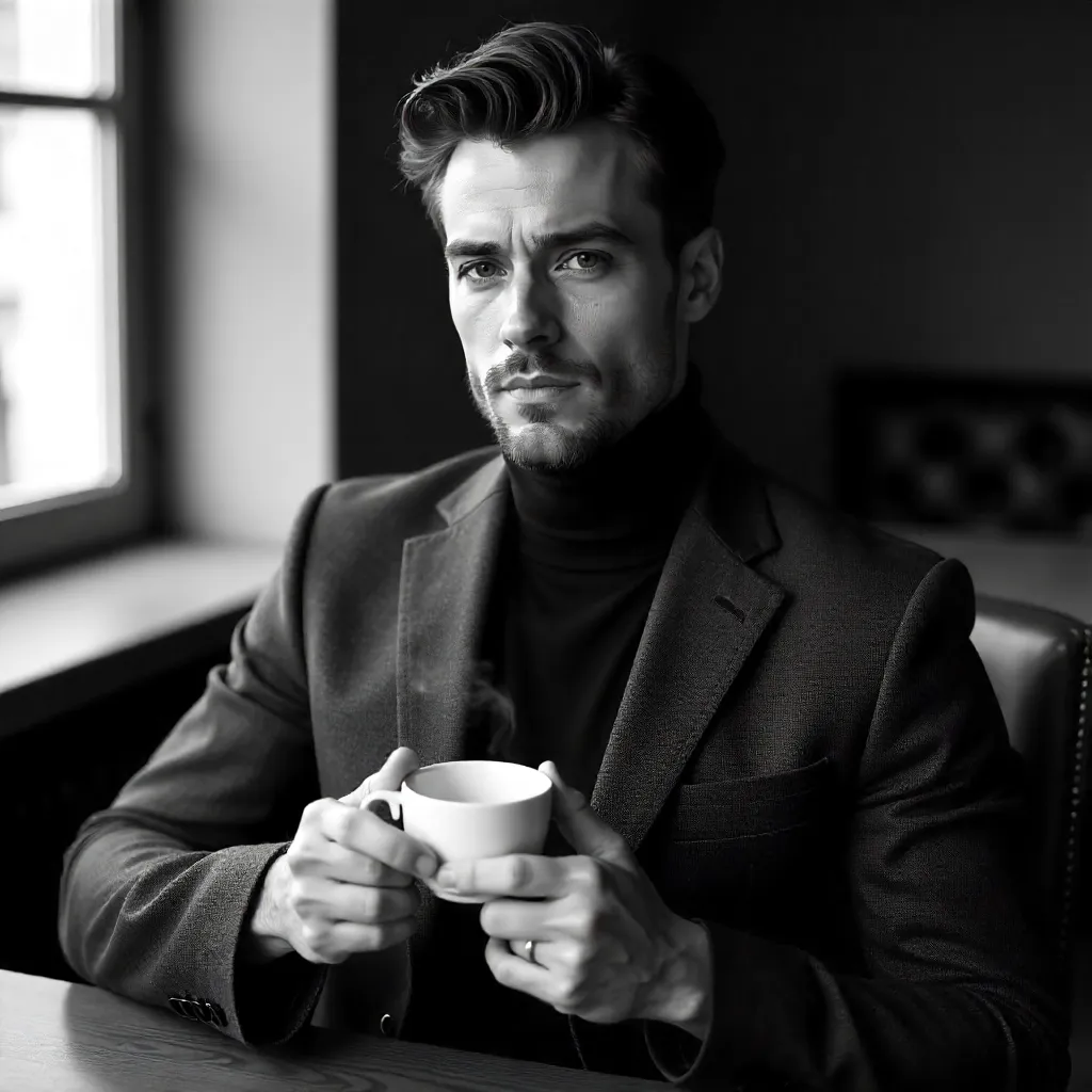 Monochrome Coffee Moment: Stylish Indoor Portrait