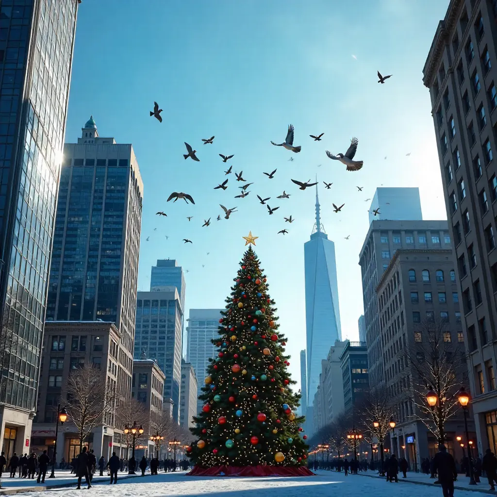 Birds Over a City: Christmas Tree Under Blue Sky
