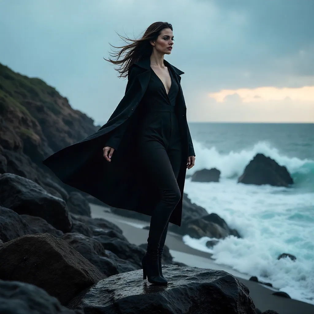 Graceful Woman in Black by the Sea on Rocks