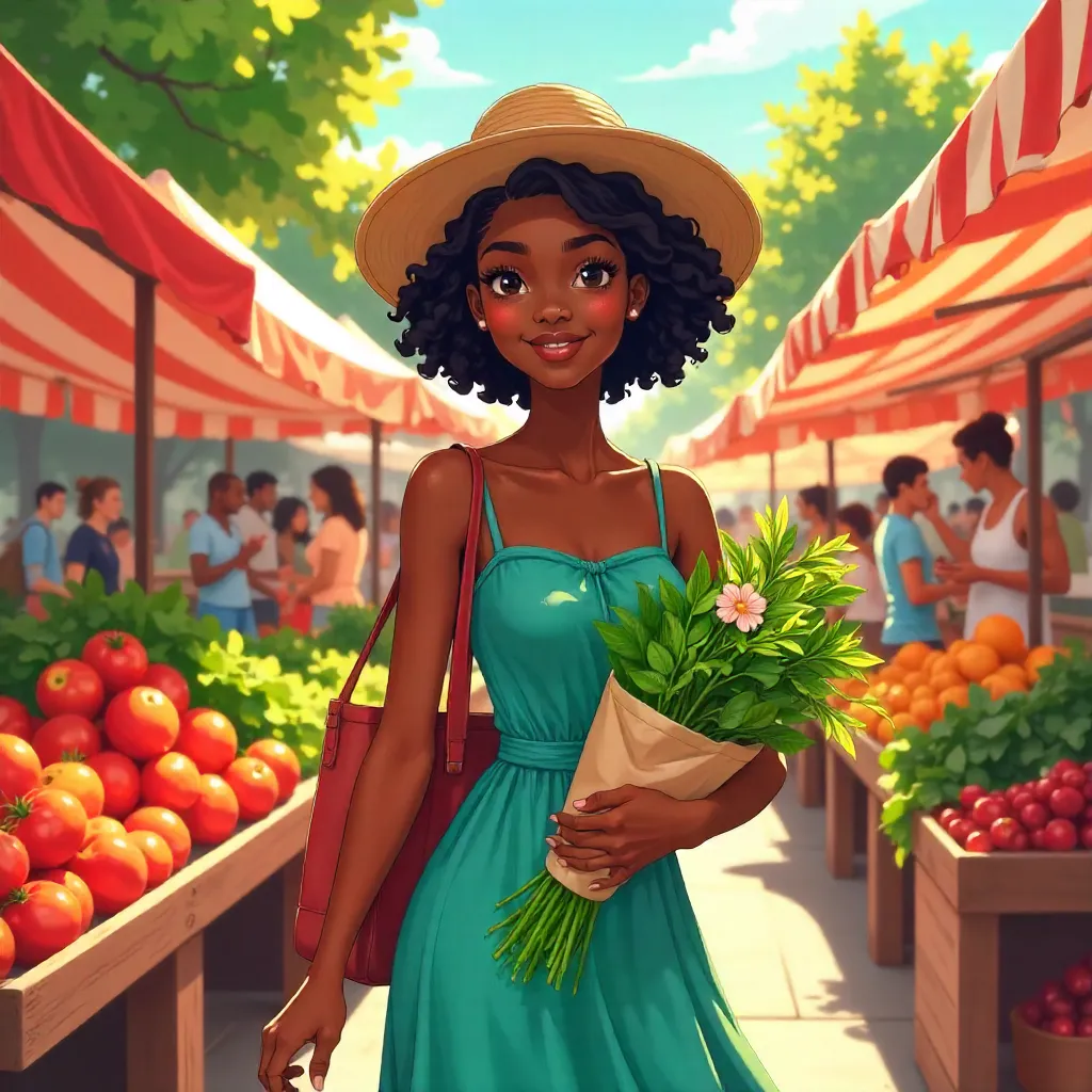 Sunlit Anime Black Girl at a Farmers Market