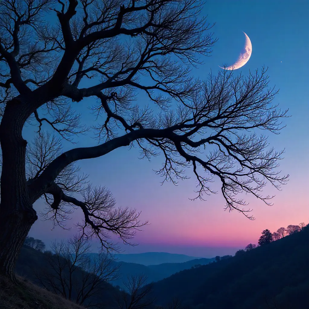 Silhouetted Tree Branches at Twilight with Crescent Moon