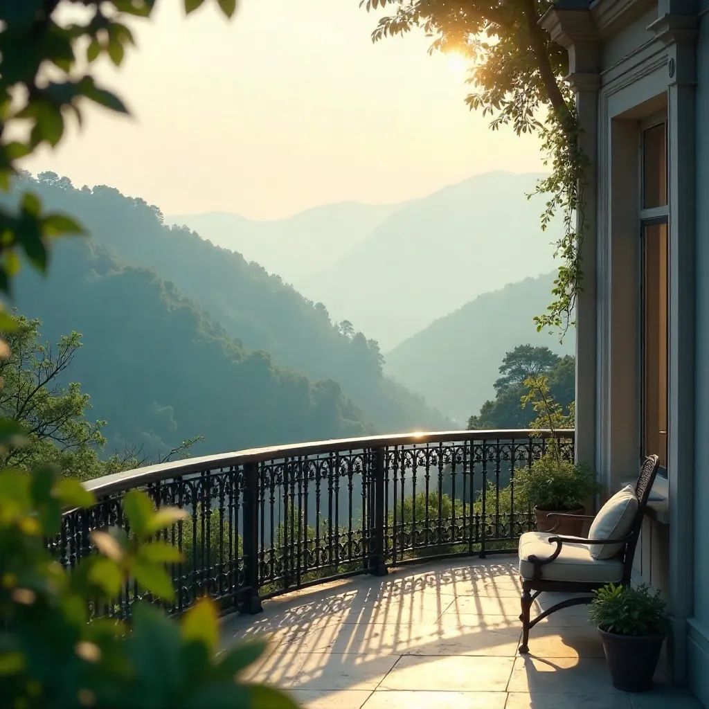 Elegant Balcony Overlooking a Misty Landscape