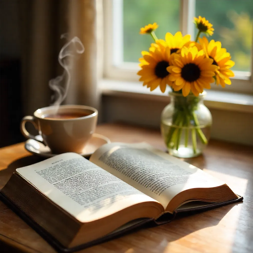Cozy Open Book, Tea, and Yellow Flowers Still Life