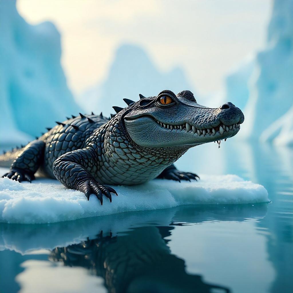 Photorealistic Crocodile Among Icebergs in Arctic Light