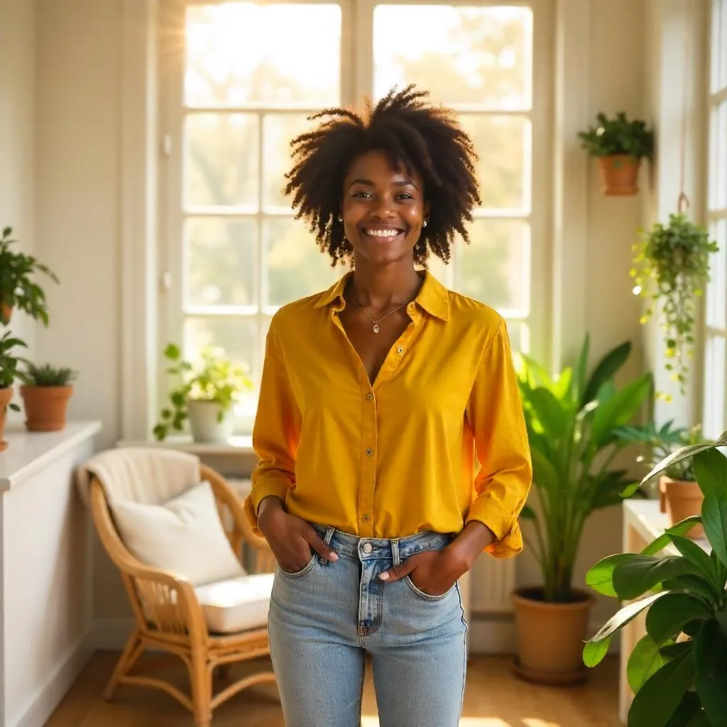 Sunlit Sunroom Portrait of a Cheerful Black Woman
