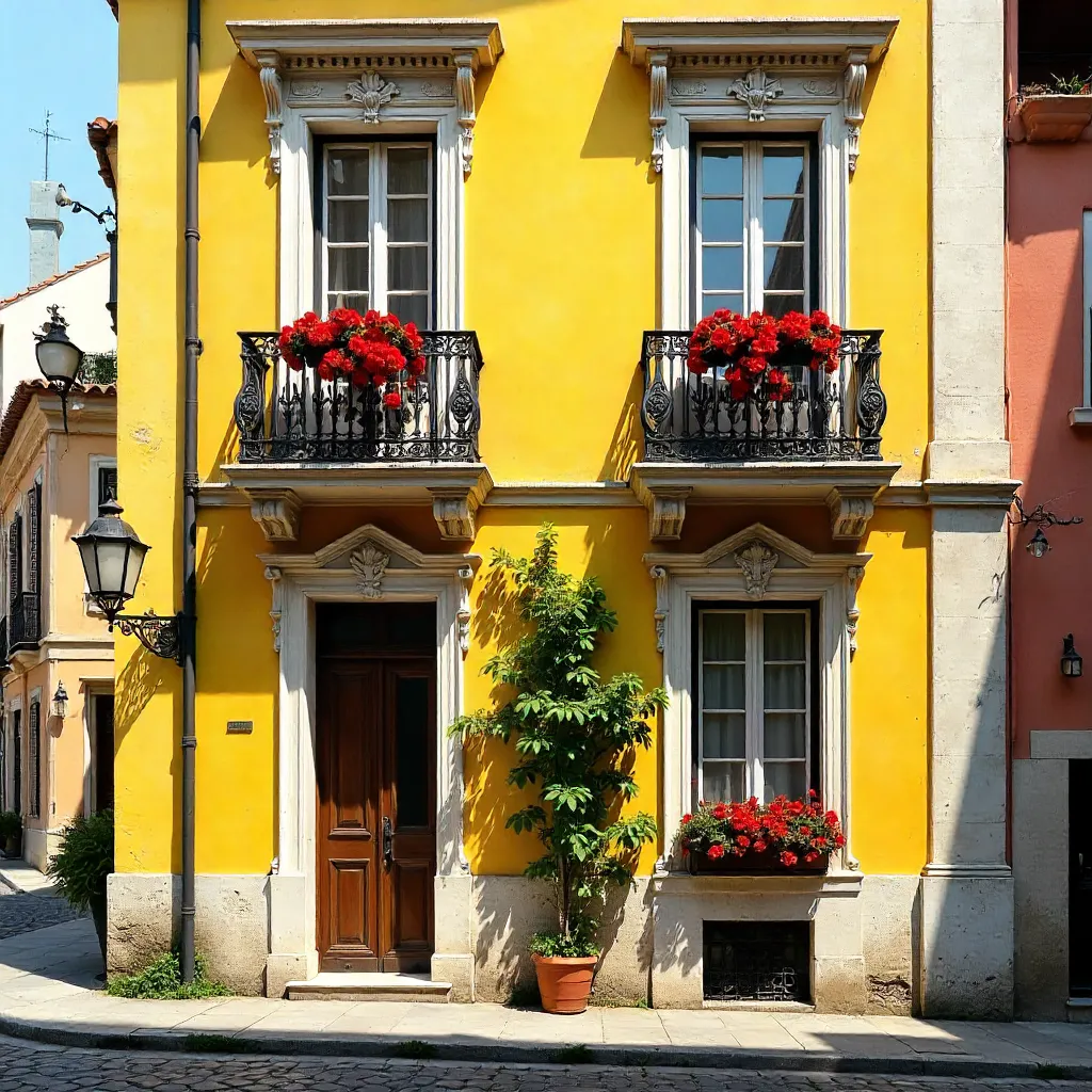 Sunlit European Facade: Yellow Walls and Black Balconies