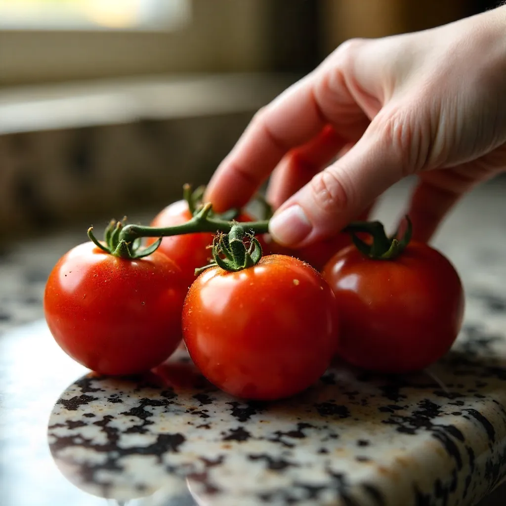 Close-Up Hand Touching Fresh Red Tomatoes on Speckled Counter