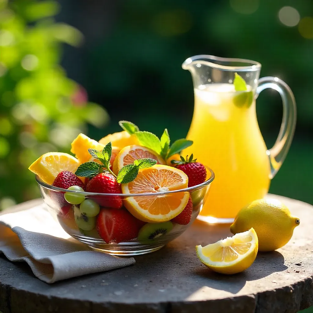 Vibrant Fruit Bowl & Refreshing Beverages on Rustic Stone Table