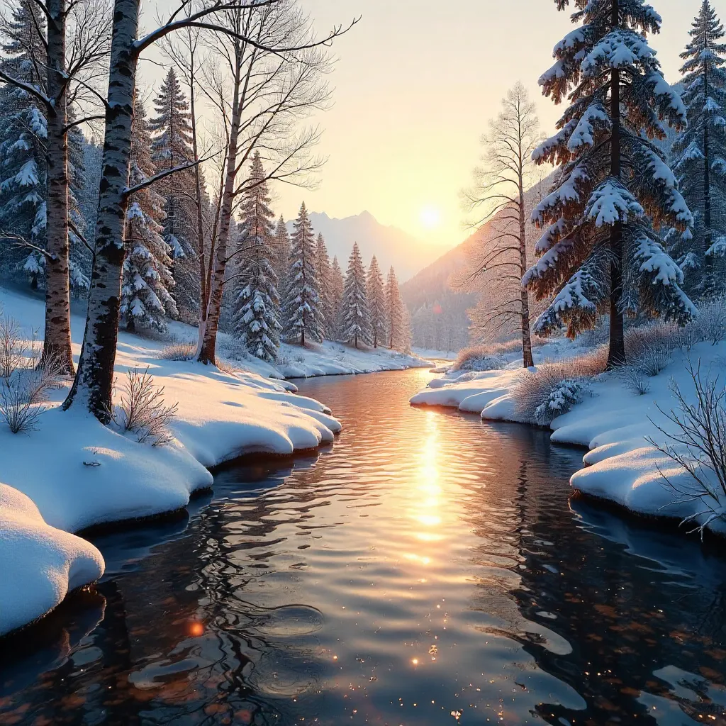 Sunlit Snowy Stream in Quiet Winter Morning