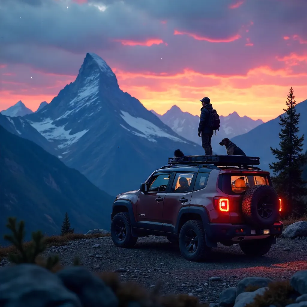 Twilight Mountain Adventure: Person and Dog on SUV