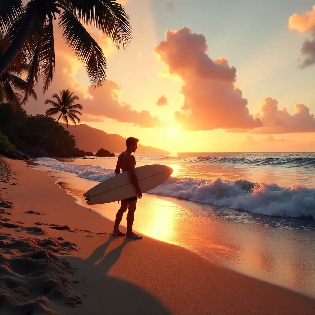 Lone Surfer at Sunset on Hawaiian Beach