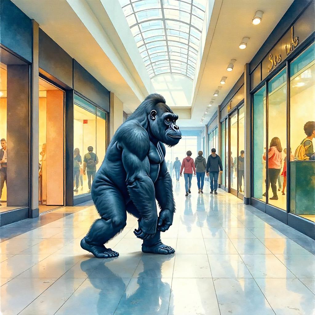 Watercolor Gorilla in a Busy Shopping Mall
