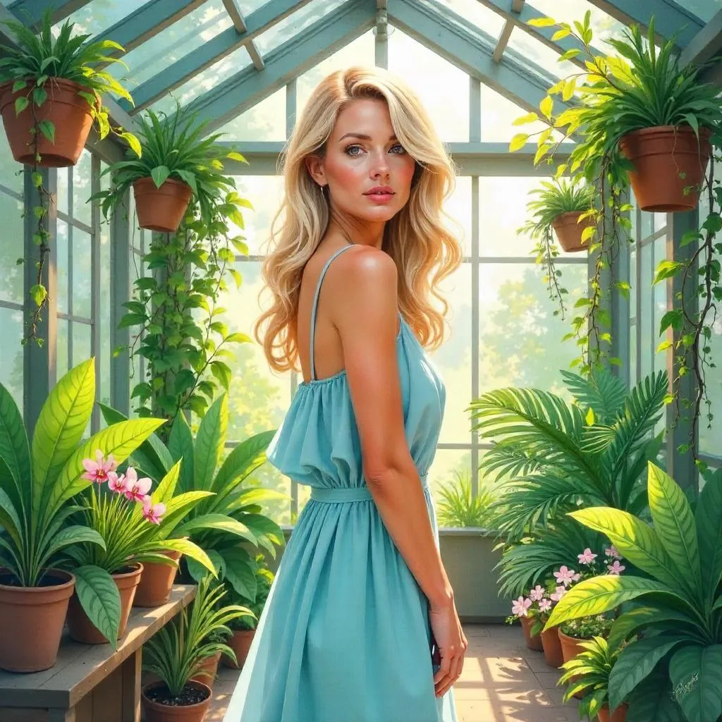 Graceful Confidence: White Woman in a Watercolor Greenhouse