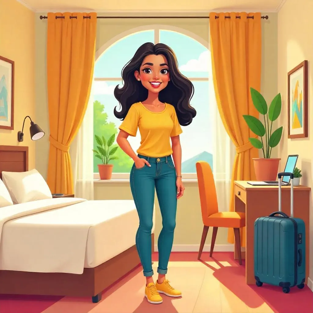 Cheerful Latina in a Sunny Hotel Room