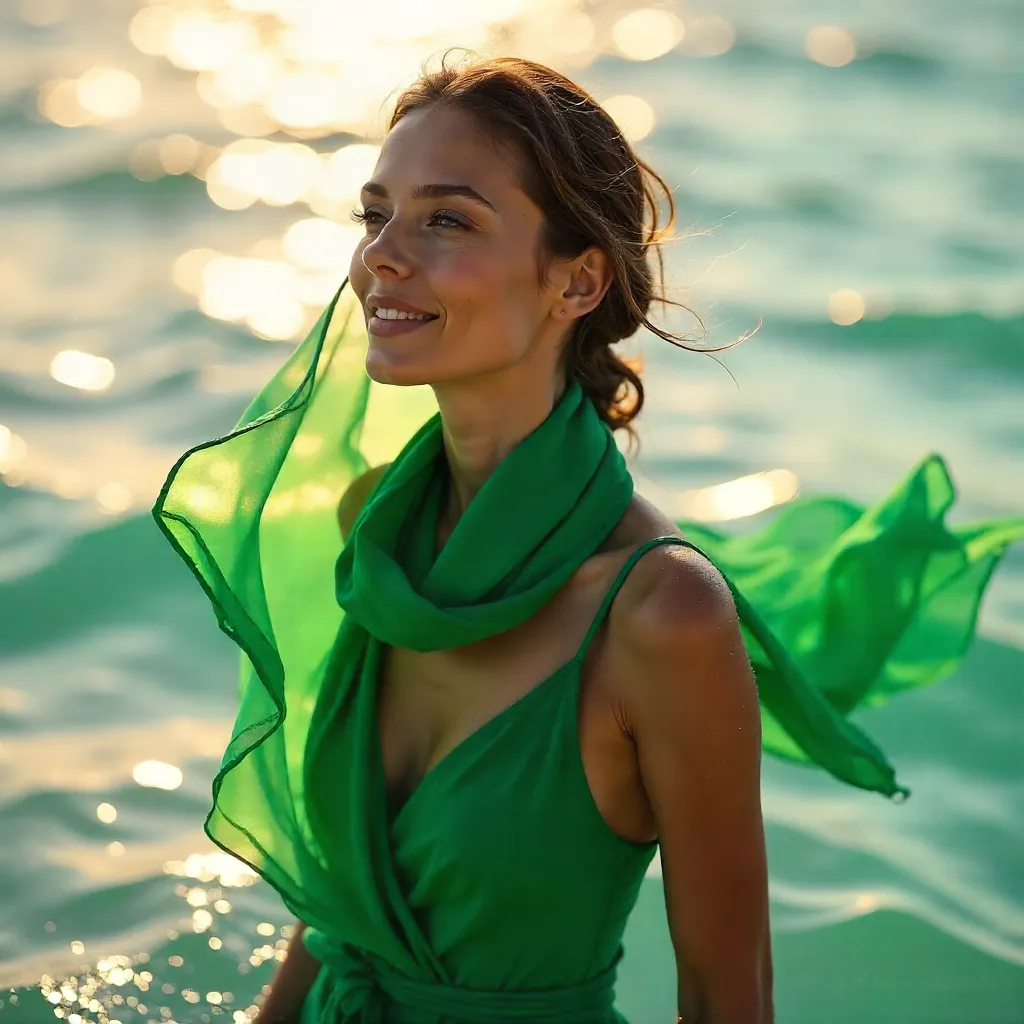 Elegant Ocean Portrait with Green Scarf