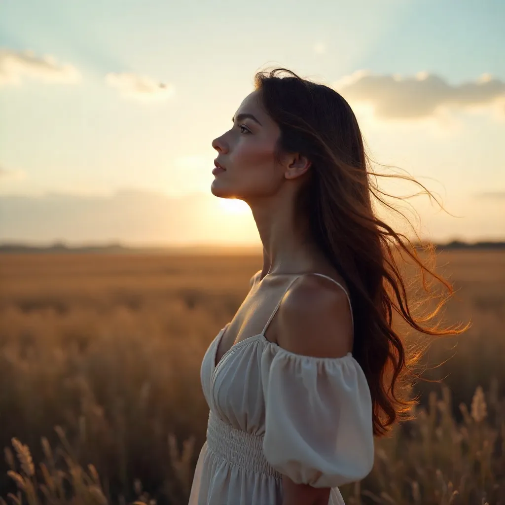 Wind-Swept Serenity: Woman Gazing at the Sky