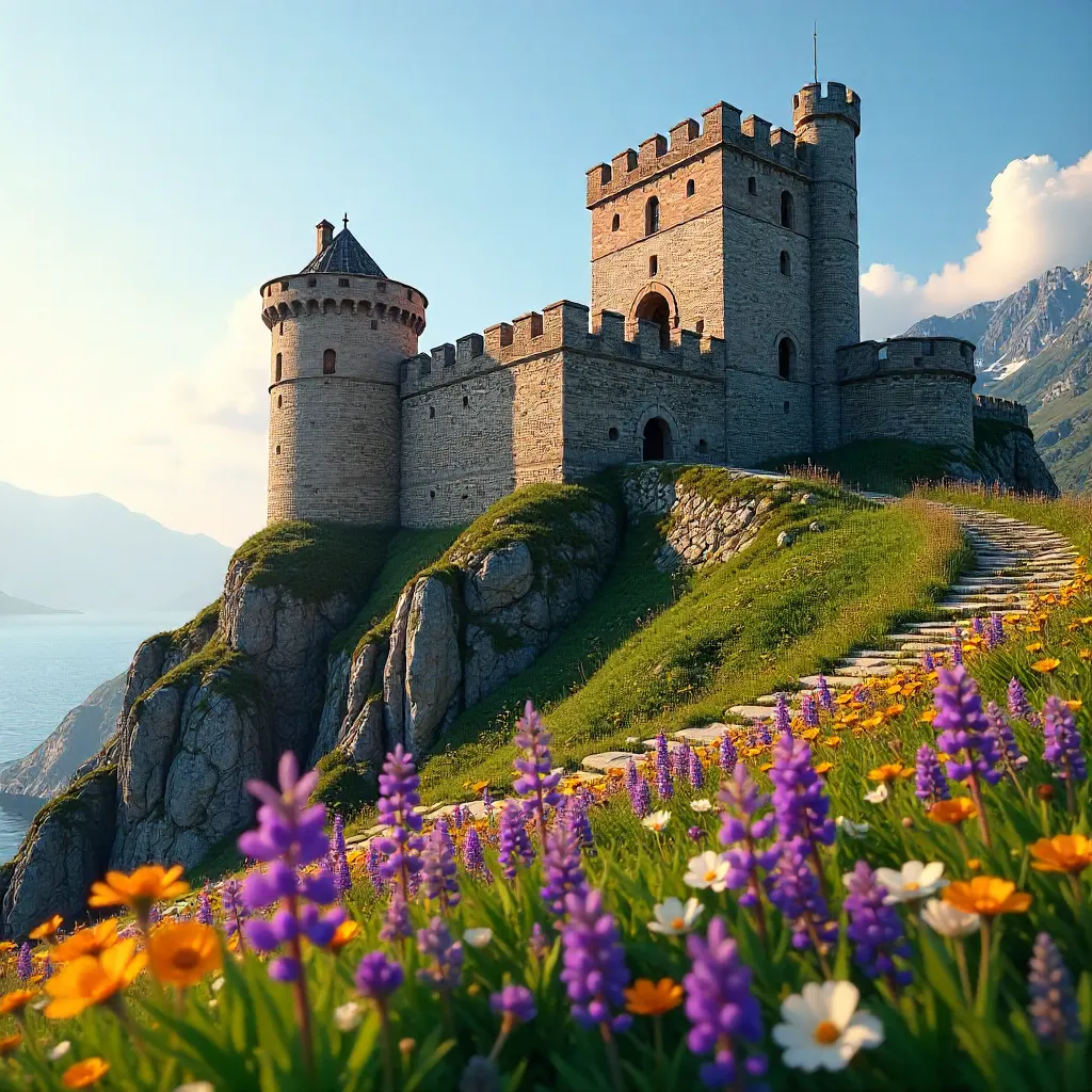 Fortress Vista Framed by Purple and Yellow Blooms