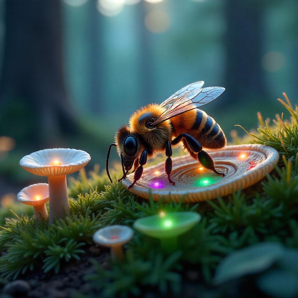 Bee Among Fairy Ring Mushrooms: 3D Dreamscape