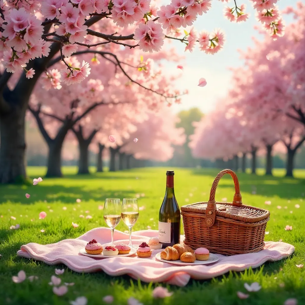 Cherry Blossom Spring Picnic with Pastries and Wine