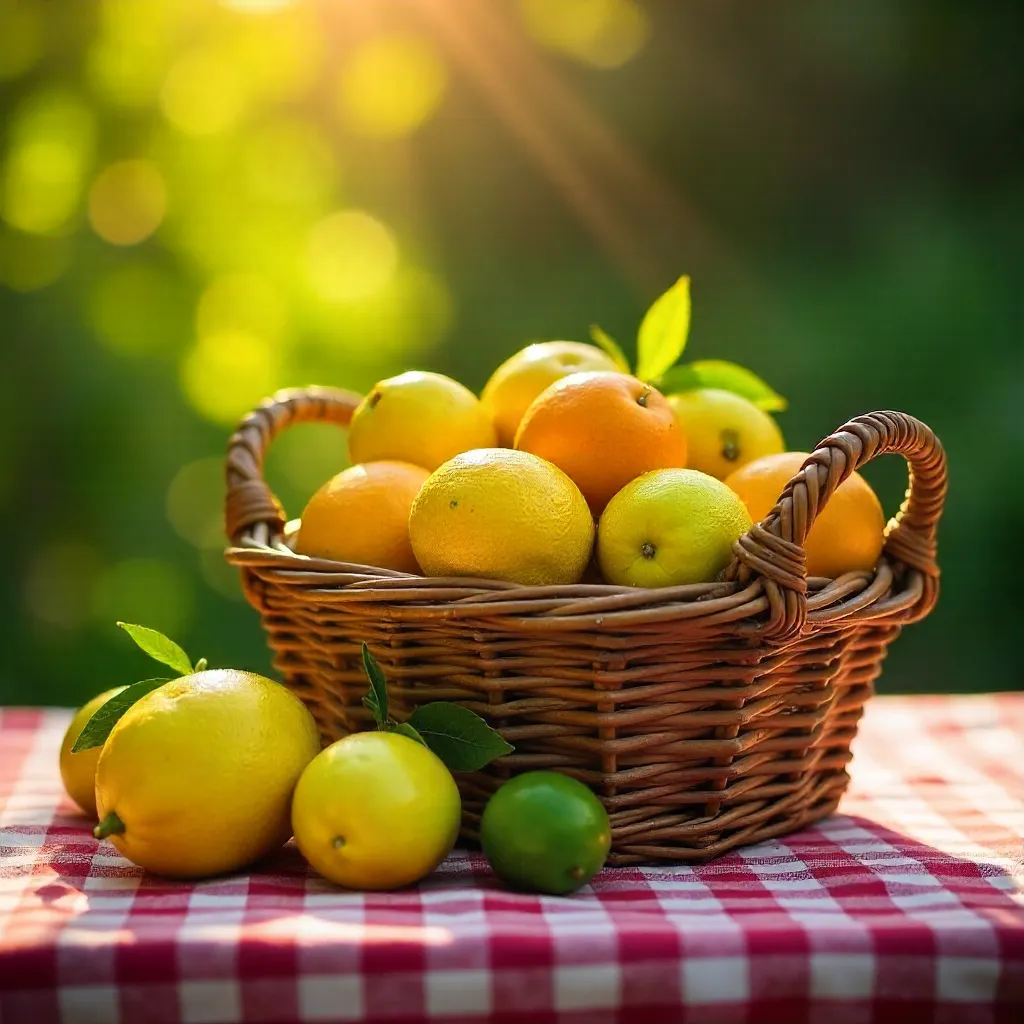 Sunlit Citrus Basket on Checkered Tablecloth