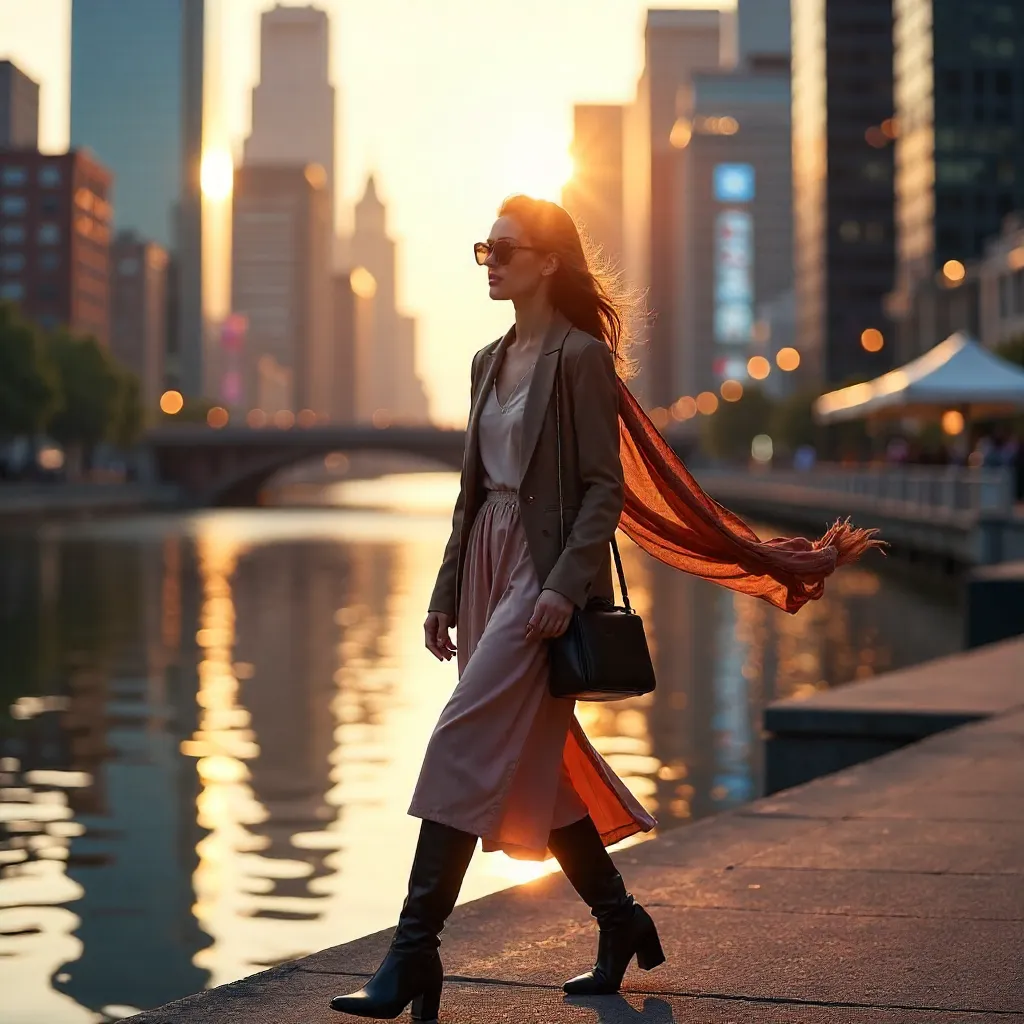Elegant Riverbank Stroll with Neon Cityscape