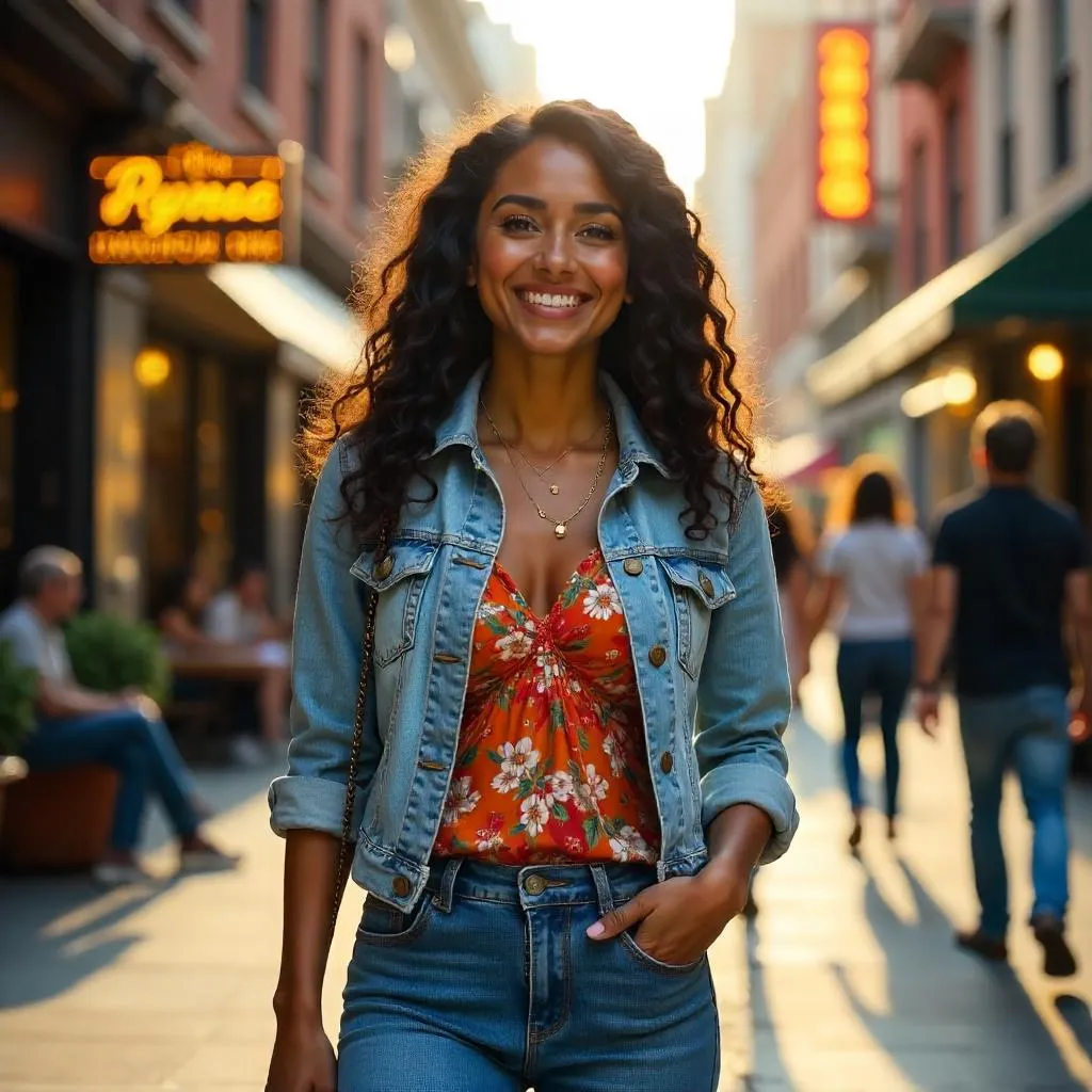 Cheerful Latina in Downtown: Photorealistic Portrait