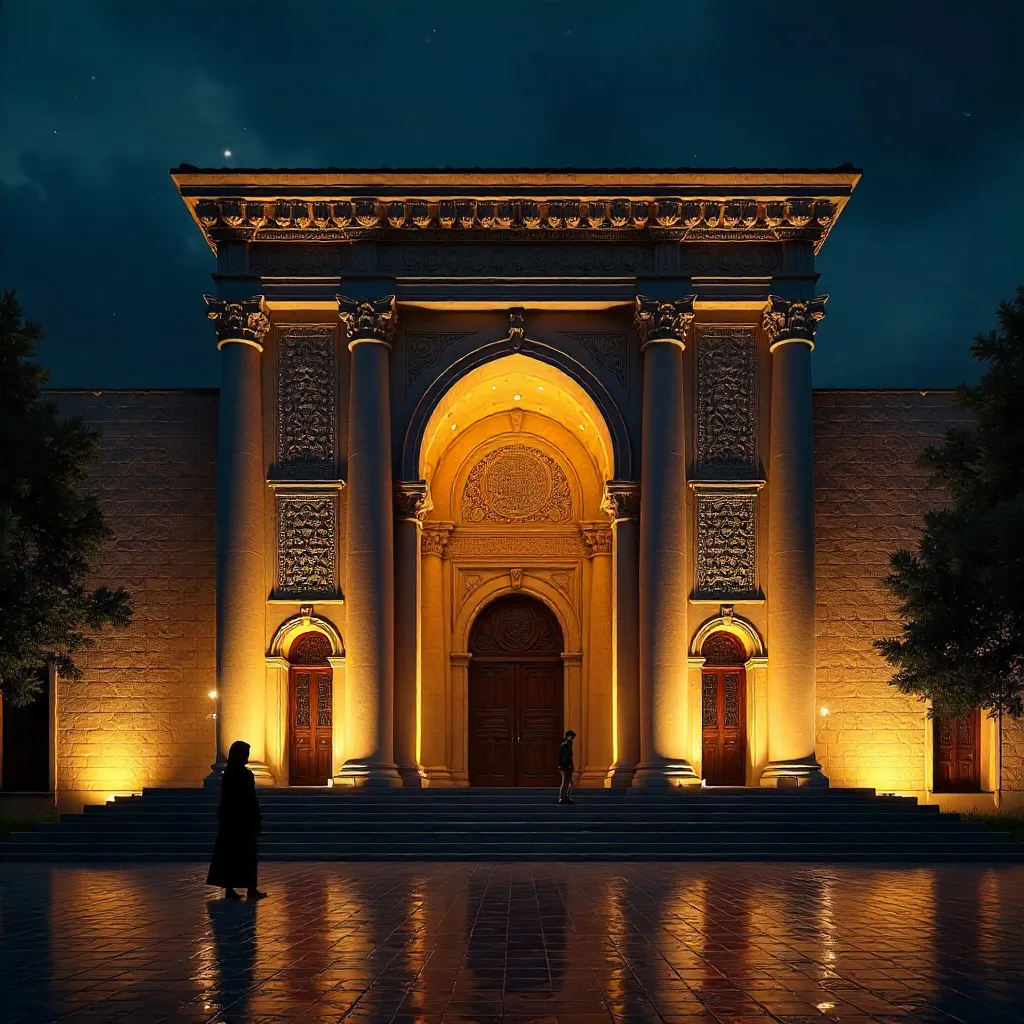 Elegant Night Entrance with Grand Columns in Konya