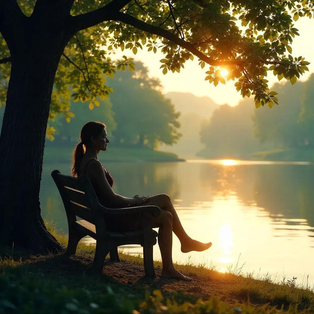Silhouette on a Lakeside Bench Under Tranquil Trees