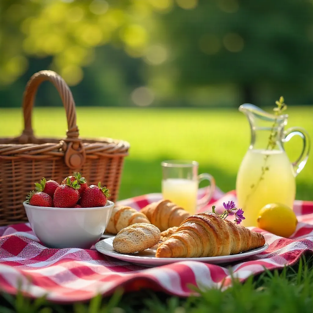 Delightful Outdoor Picnic with Strawberries and Baked Goods