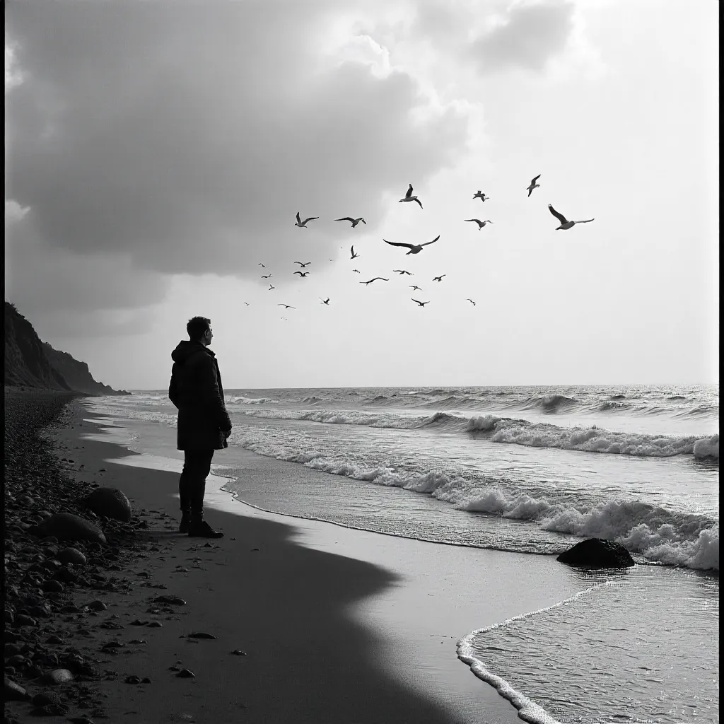 Monochrome Seaside Observer Watching Seagulls