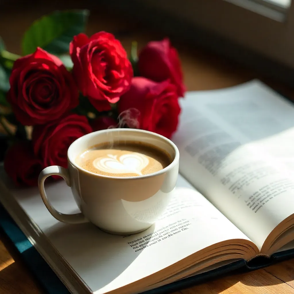 Cozy Coffee and Red Flowers on a Design Book