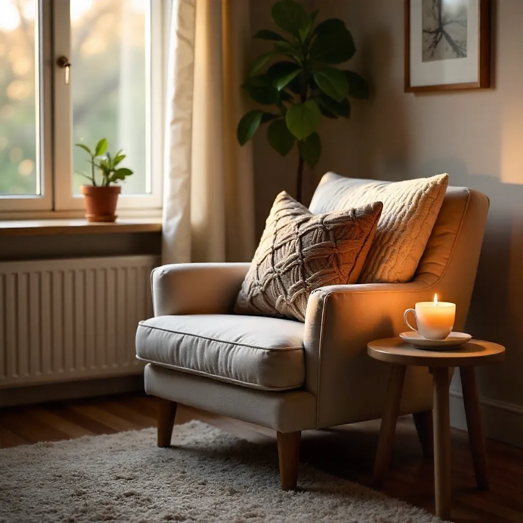 Warm Cozy Corner with Coffee, Pillow, and Lamp