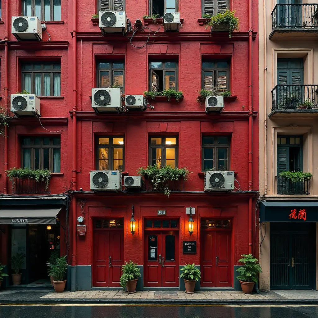 Red Facade with Air Conditioners in Singapore's Chinatown