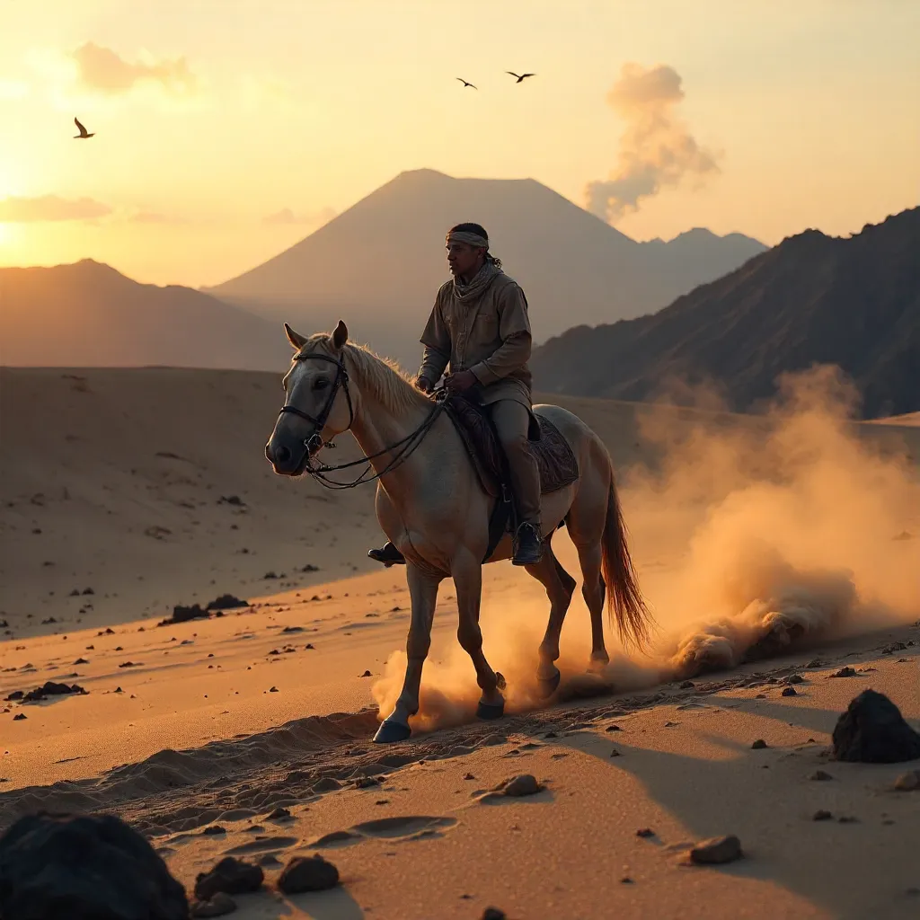 Rider Crossing the Sea of Sand at Mount Bromo
