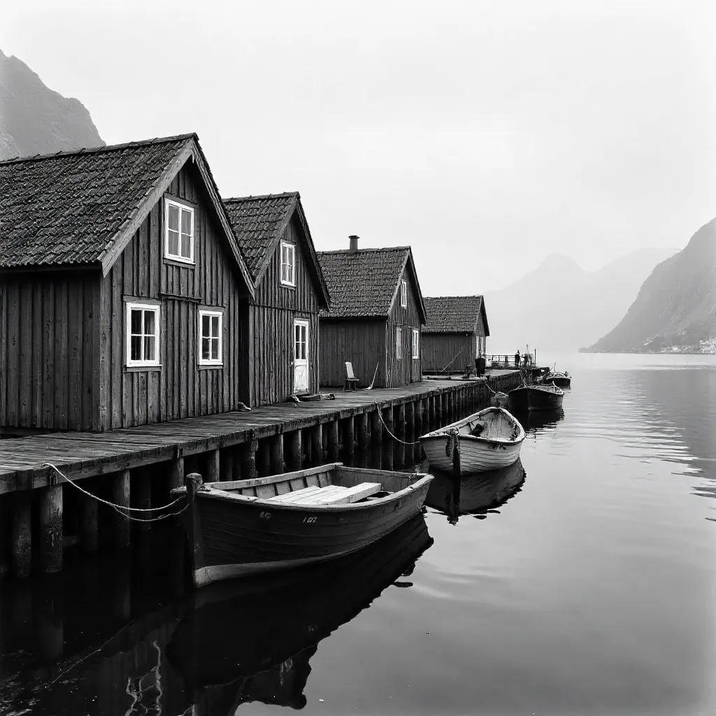 Monochrome Norwegian Coastal Houses by the Sea