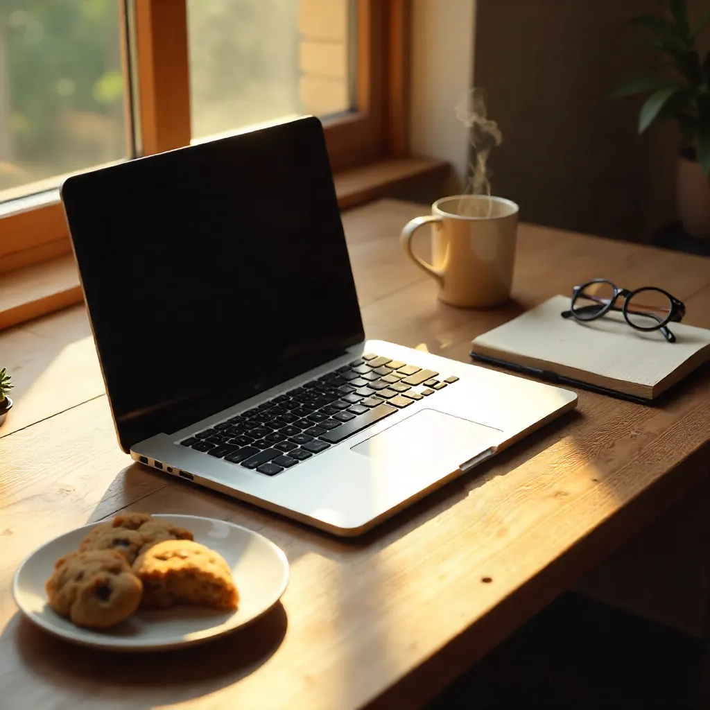 Cozy Desk Setup with Cookies and Glasses