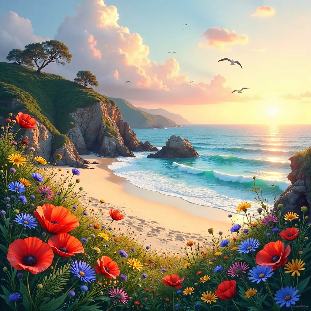 Serene Coastal Garden with Waves and Flowers