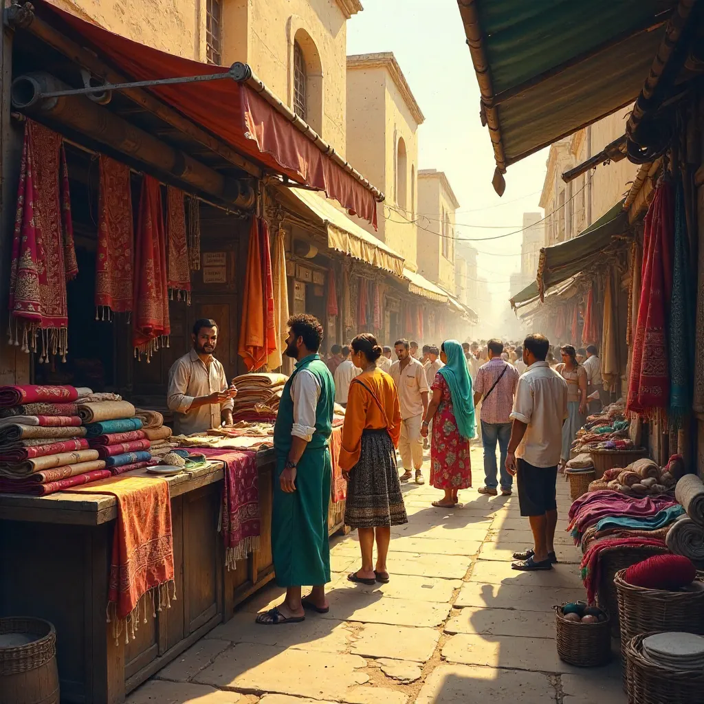 Bustling Textile Market: Merchant and Crowd