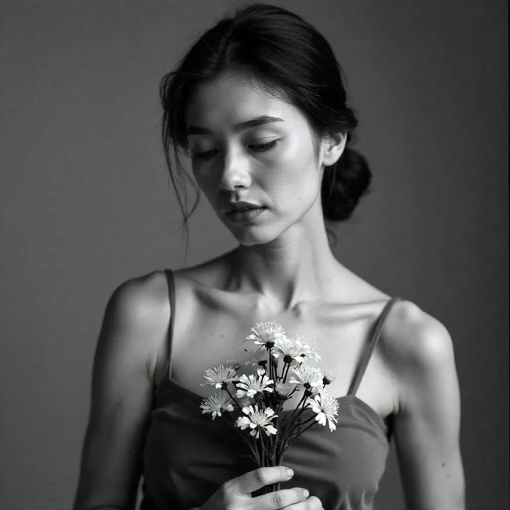 Serene Black-and-White Portrait with Flowers