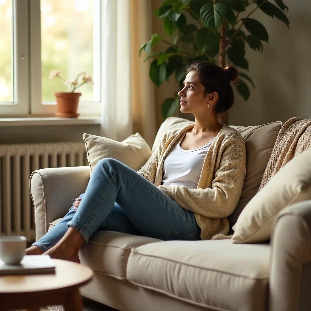 Cozy Lounge: Young Woman Relaxing on Sofa
