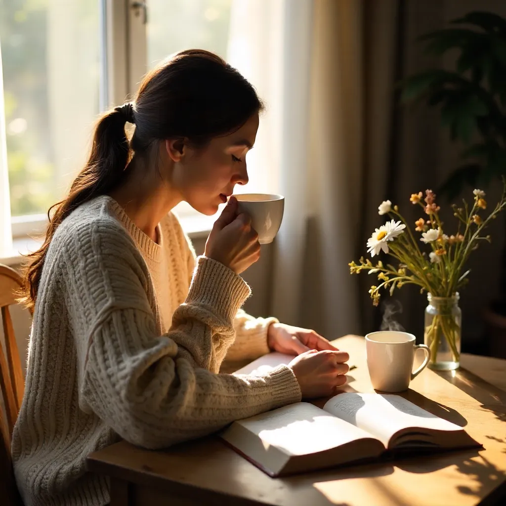 Quiet Morning Coffee with Book and Flowers