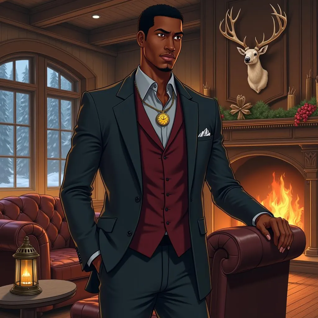 Elegant Black Man in a Cozy Anime Hunting Lodge