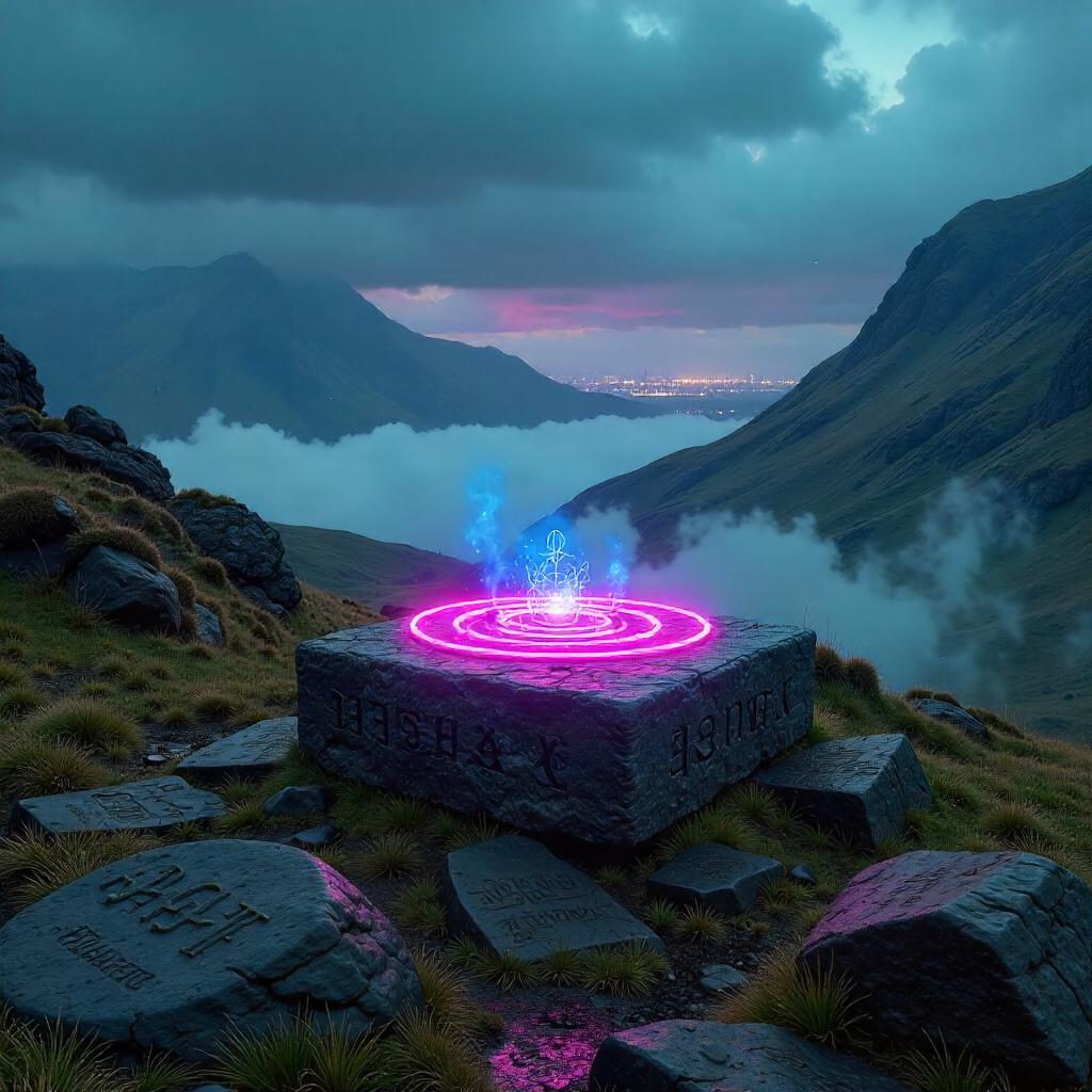 Neon Relic in the Highland Fog