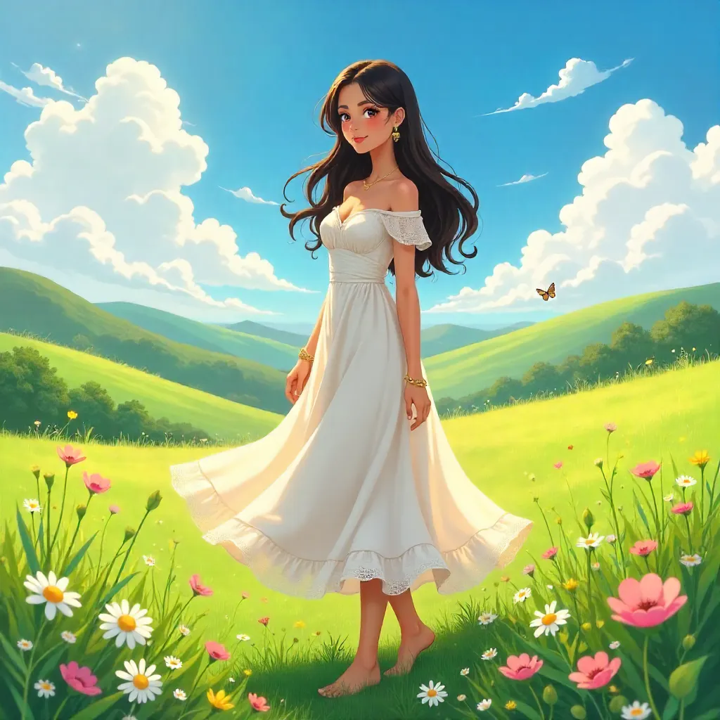 Elegant Latina in a Sunlit Meadow - Anime Style