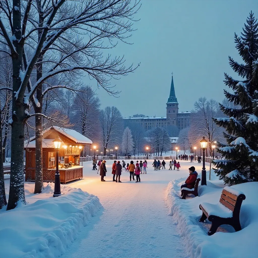 Snowy Winter Park in Izhevsk, Russia at Dusk
