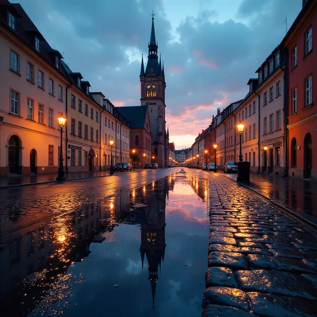 Dusk Reflections of Tallinn Town Hall in a Puddle