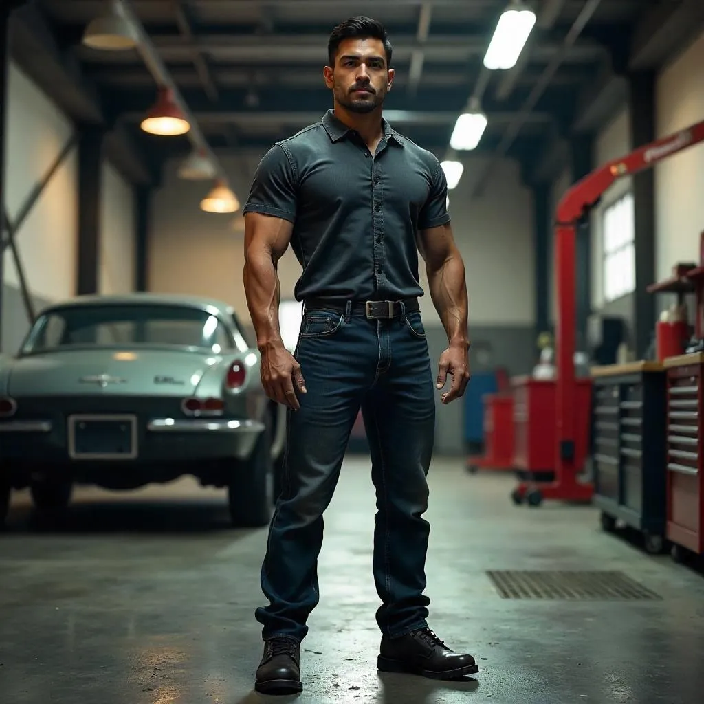 Strong Asian Man in a Garage - 3D Render