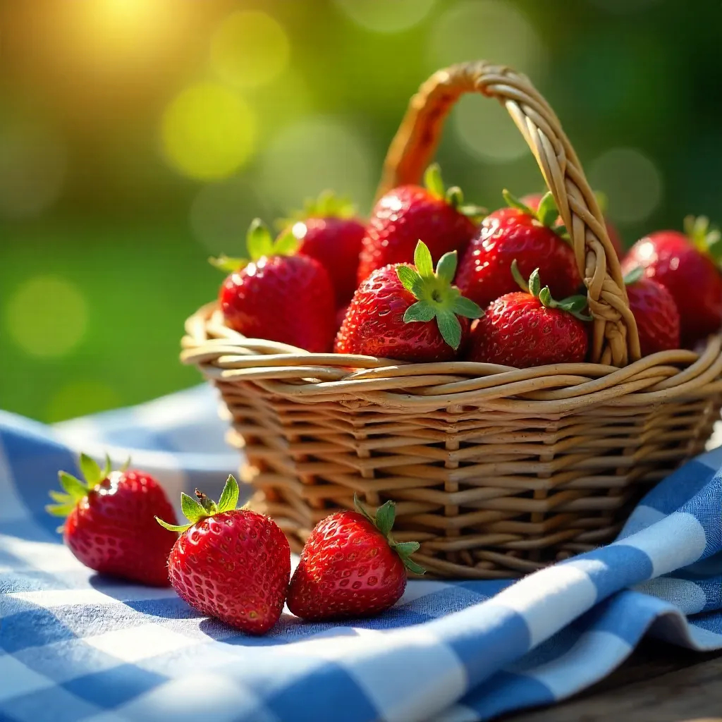 Sunlit Basket of Fresh Strawberries on Cloth