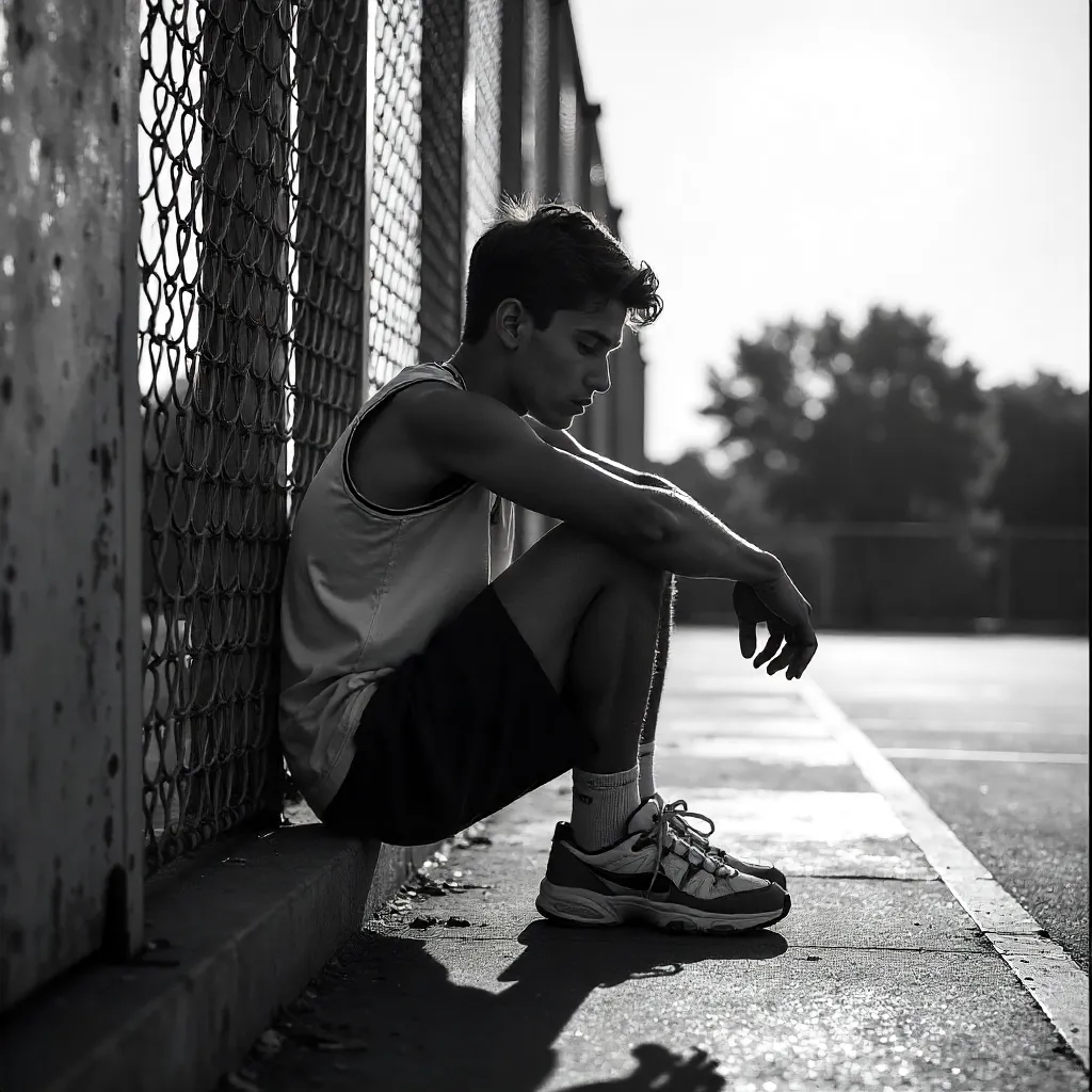 Contemplative Youth Portrait on Outdoor Court (B/W)